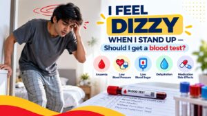 Person experiencing dizziness when standing up, with blood testing equipment